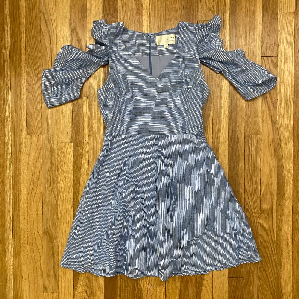 J.O.A. Blue and White Striped Cold Shoulder Dress